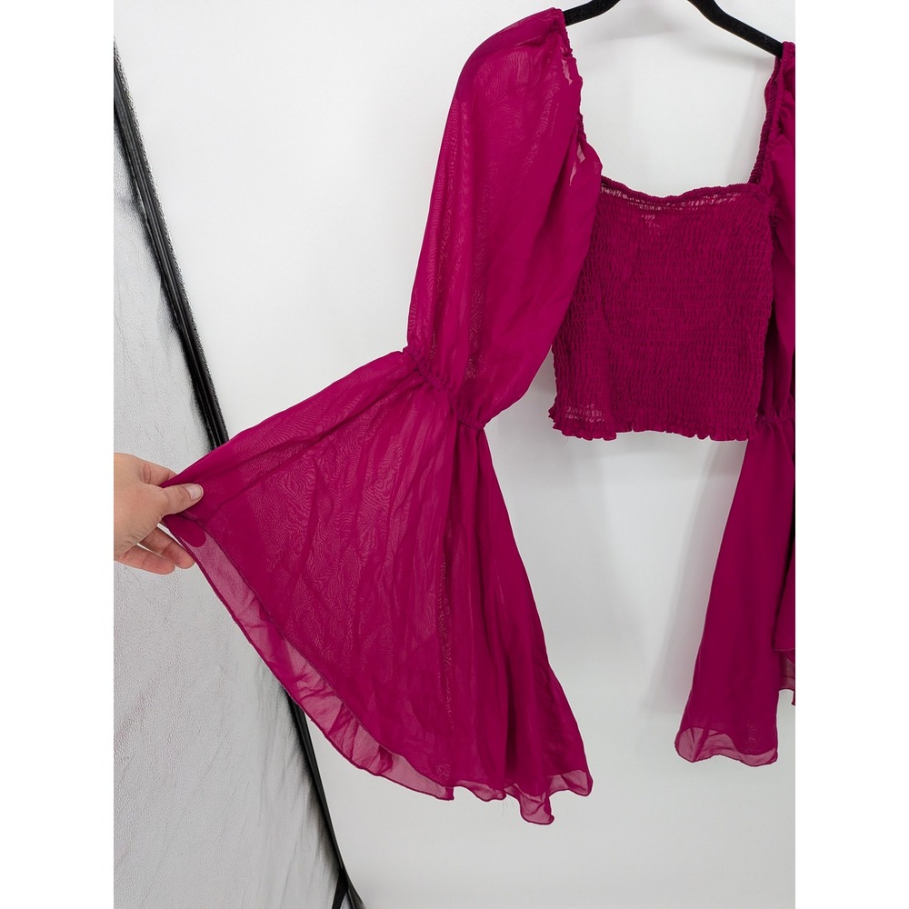 Fairycore Crop Top Womens Large Magenta Pink Smocked Bell Sleeve Statement Flowy - Picture 2 of 10